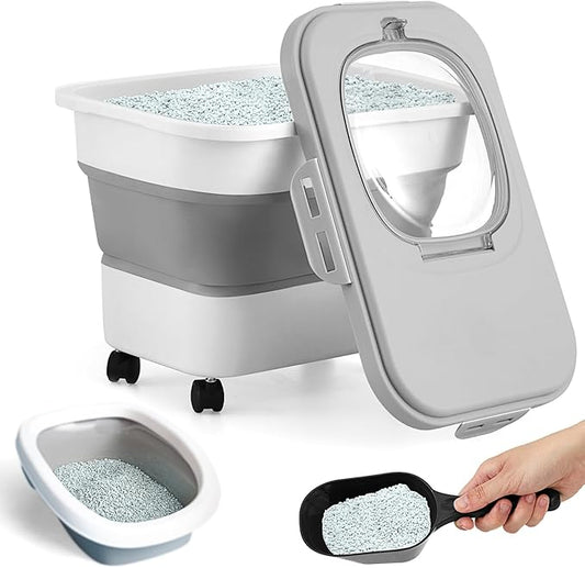 Juexica Collapsible Cat Litter Storage Bin Container with Rolling Casters, 20 Lbs Portable Cat Litter Storage Container with Airtight Lids, Shovel, Kitchen Cereal Rice Leakproof Sealable(Grey, White)