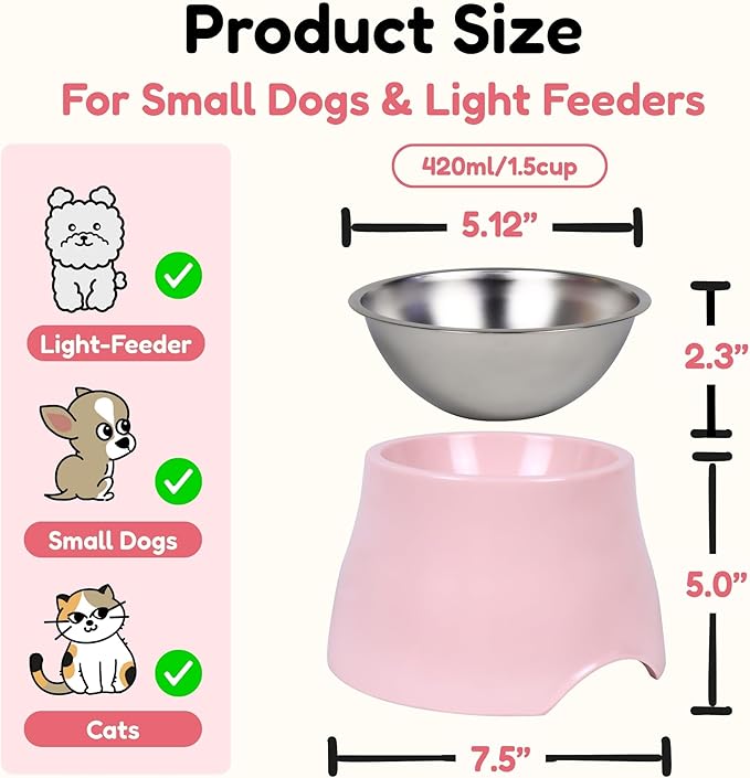 Elevated Spaniel Dog Bowl, Melamine Raised Dog Food Bowl for Long-Eared Dogs, Raised Dog Bowls for Small & Medium Dogs, Stainless Steel Inner Bowl, Non-Slip Base (Pink, M (420 ML / 1.5 Cups))