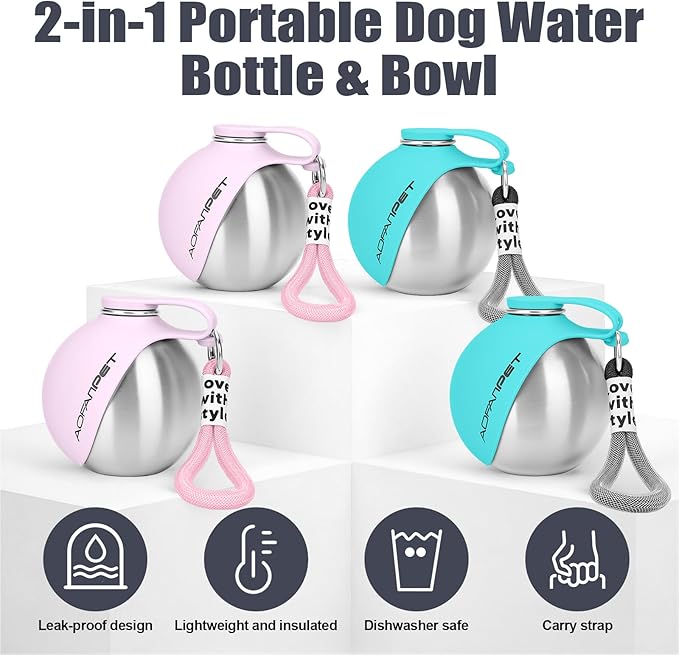 Portable Dog Water Bottle 10oz Stainless Steel Travel Dog Water Dispenser with Bowl No-Spill Puppy Water Bottle for Walking Hiking Small Dog Water Bottle