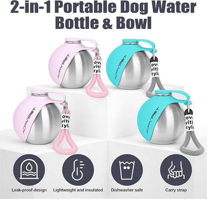 Portable Dog Water Bottle 10oz Stainless Steel Travel Dog Water Dispenser with Bowl No-Spill Puppy Water Bottle for Walking Hiking Small Dog Water Bottle