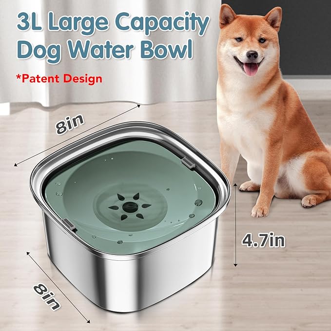 UPSKY 3L Dog Water Bowl 101oz Stainless Steel No Spill Large Capacity Dog Food Water Bowl Slow Water Feeder, Spill Proof Pet Water Dispenser Vehicle Carried Travel Water Bowls