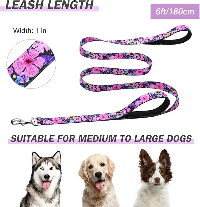 Hikiko Cute Girl Double Handle Dog Leash 6 Foot Padded Traffic Handles for Walking Training (Pinkish-Purple Floral, 6ft)