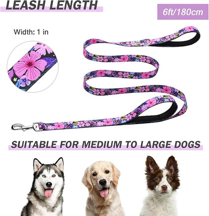 Hikiko Cute Girl Double Handle Dog Leash 6 Foot Padded Traffic Handles for Walking Training (Pinkish-Purple Floral, 6ft)