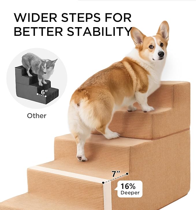 Made4Pets Dog Steps for Bed, Extra Wide Dog Stairs for High Bed Couch Sofa, 35D Foam Pet Steps for Small Dogs and Cats(Up to 40lbs), Non-Slip Bottom Pet Stairs, Tan, 4 Steps