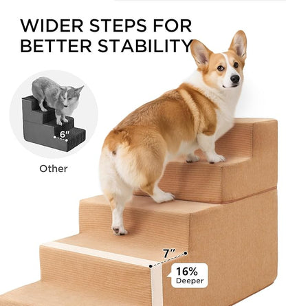 Made4Pets Dog Steps for Bed, Extra Wide Dog Stairs for High Bed Couch Sofa, 35D Foam Pet Steps for Small Dogs and Cats(Up to 40lbs), Non-Slip Bottom Pet Stairs, Tan, 4 Steps