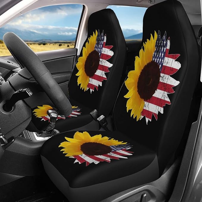 Foruidea Sunflower with American Flag Car Seat Covers Universal 2 Pcs Auto Front Seat Cover Fit Most Cars,SUV,Sedan,Trucks