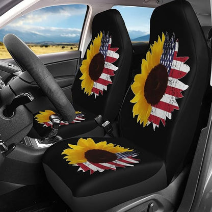 Foruidea Sunflower with American Flag Car Seat Covers Universal 2 Pcs Auto Front Seat Cover Fit Most Cars,SUV,Sedan,Trucks