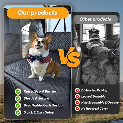 Dog Car Seat Cover for Back Seat-Holds 400lbs, XL Hard Bottom Waterproof Back Seat Extender for Dogs with Mesh Window & Headrest Cover, 600D Heavy Duty Anti-Scratch Dog Hammock for Car, SUV, Truck