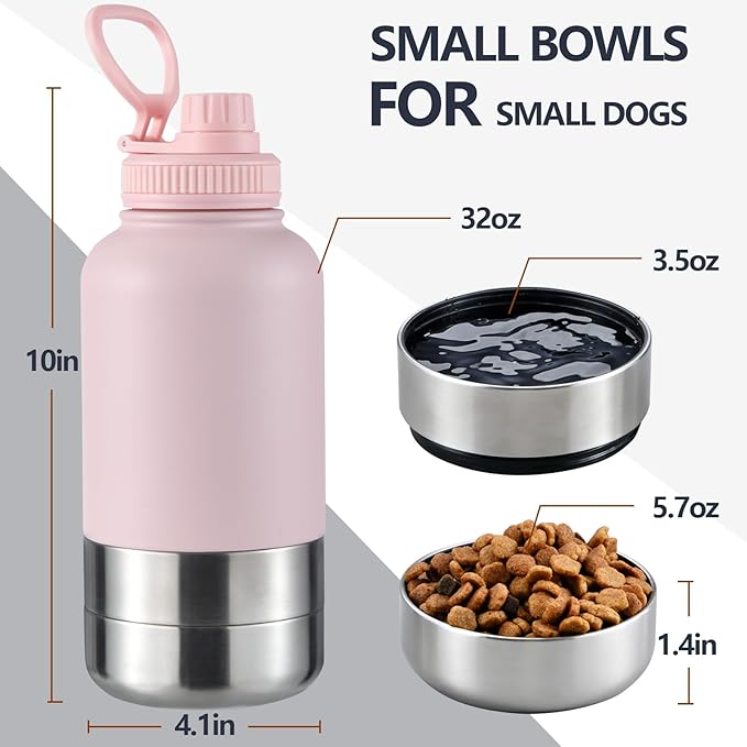 Cibaabo Insulated Dog Water Bottle with 2 Bowls, 32oz Travel Stainless Steel Double Wall Thermos, Portable Pet Dispenser, Gifts for Puppy Small Medium Dogs Walking Hiking and Camping