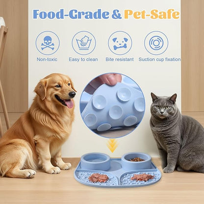 Silicone Slow Feeder Dog Bowls & Cat Bowls, 2 Cups Small Pet Food Bowl with Non-Slip Suction Base, Food-Grade Safe Puzzle Feeder for Small & Medium Dogs & Indoor Cats (Bowl & Lick Mat (Blue))