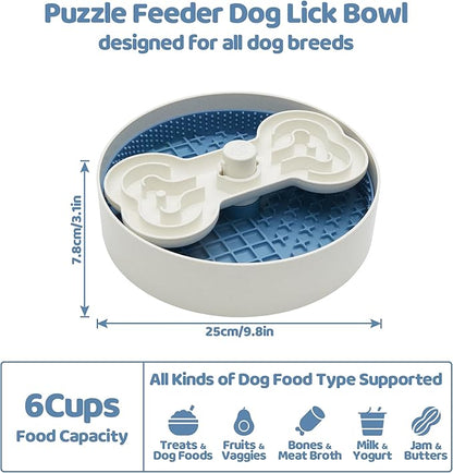 Puzzle Feeder Slow Feeder Dog Bowl with Lick Mat and Puzzle Inserts - Non-Slip Base, Adjustable Speed Design, Dishwasher Safe for Large Dogs,Blue