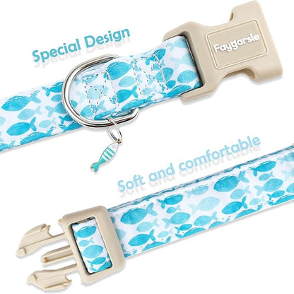 Faygarsle Fish Pattern Dog Collar, Adjustable with Buckle, Blue and White, Summer Design for Small Medium Large Dogs S