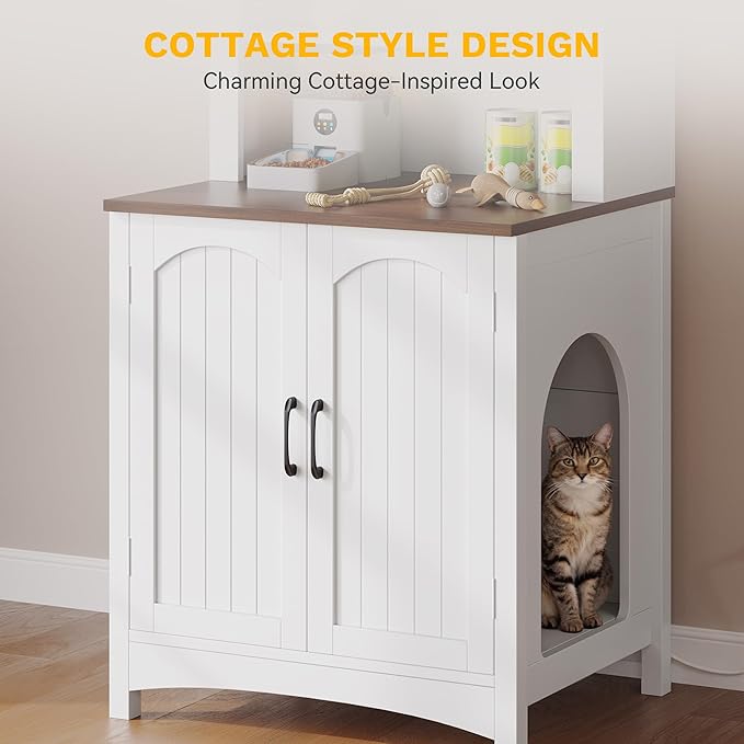 DWVO 70.8in Large Hidden Cat Litter Box Furniture with Shelves, High-Gloss Modern Litters Box Enclosure for Self-Cleaning Litter Boxes, Large Hidden Wooden Cabinet, White