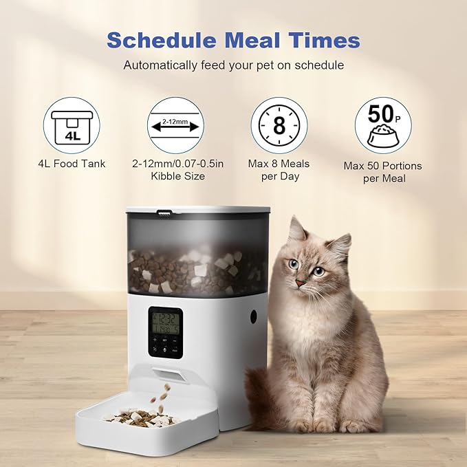 ANDOLL HOME Automatic Cat Feeder, 4L Cat Food Dispenser with 10s Voice Recorder, Pet Feeder up to 8 Meals per Day, Timed Dog Feeder with Dry Food Sealed Ring