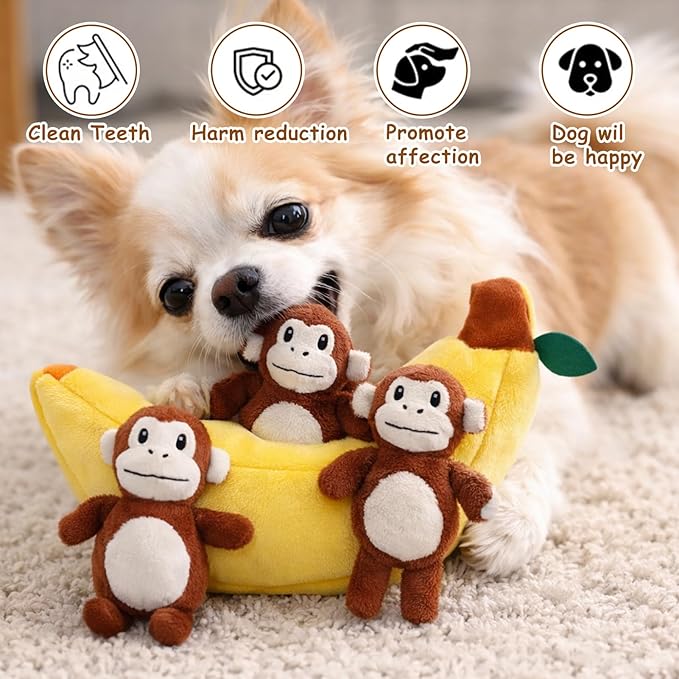 Hollypet Squeaky Dog Toy, Interactive Plush Hide and Seek Dog Toys for Small Medium Sized Dogs and Non-Aggressive Chewers, Puppy Teeth Clean Chew Toys, Banana and Monkeys