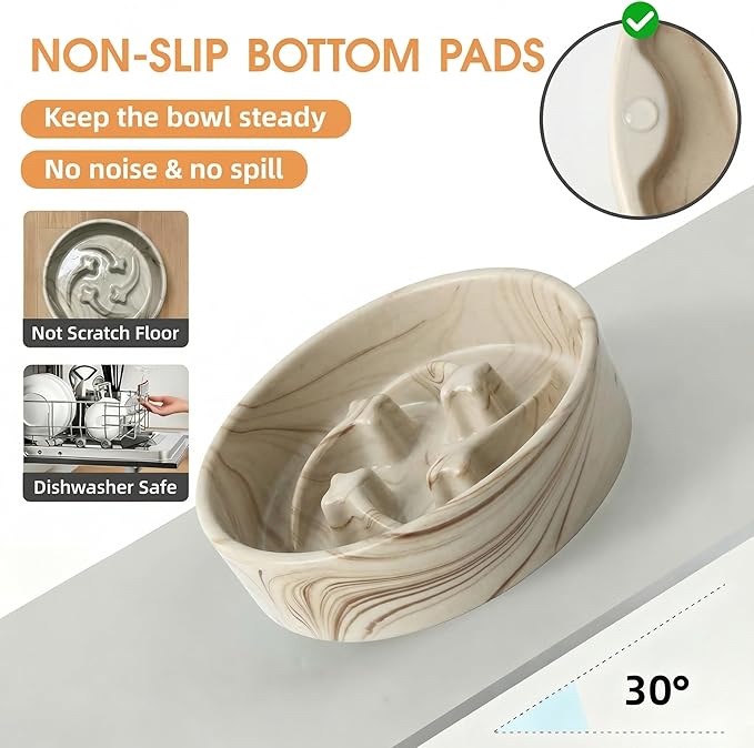 Stoneware Slow Feeder Dog Bowls Small Breed, 0.6 Cups Slow Eating Dog Bowl with Marble Pattern Design, Weighted Anti Gulping Food Bowl, Non Slip Puzzle Maze Pet Dishes for Fast Eaters, 6 inch