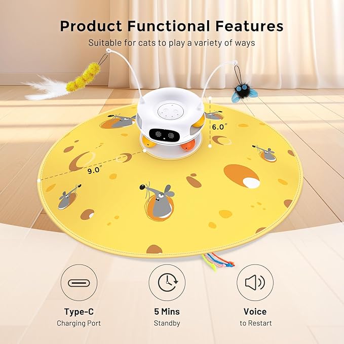 Interactive Cat Toys for Indoor Cats, 5 in 1 Hide and Seek Cat Toys with Automatic Laser and Motion Activated, Fluttering Feather & Dual Track Balls with Chirping for All Breeds, Rechargeable