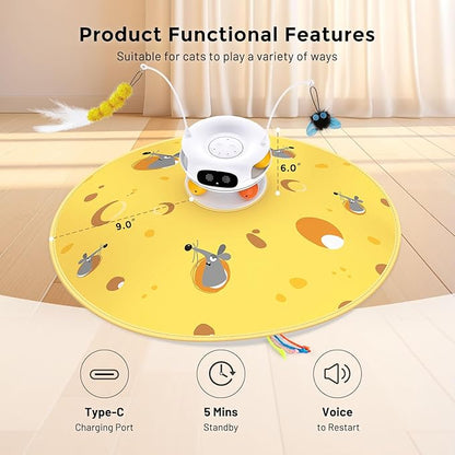 Interactive Cat Toys for Indoor Cats, 5 in 1 Hide and Seek Cat Toys with Automatic Laser and Motion Activated, Fluttering Feather & Dual Track Balls with Chirping for All Breeds, Rechargeable