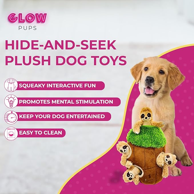 Glow Pups Hide and Seek Dog Toy, Plush Sloth in Tree, Squeaky Interactive Fun, Promotes Mental Stimulation, Keep Your Dog Entertained, Easy to Clean, Soft & Plush, Large, Brown/Green