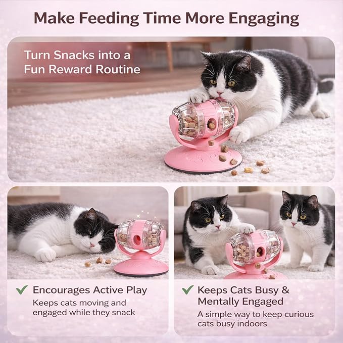 Cat Treat Dispenser Toy, Slow Feeder for Dry Food & Treats, Interactive Rotating Barrel Cat Toys for Indoor Cats &Puppies, Kitten Enrichment Funny Toy(Pink)