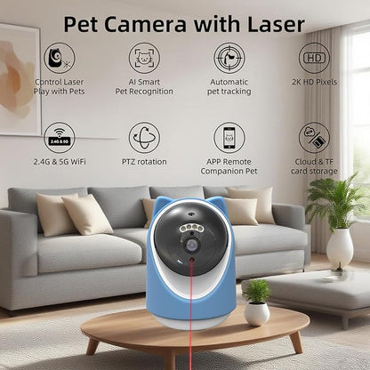 Pet Camera, 2K HD Indoor Dog and Cat Camera with Auto-Tracking & Laser Toy, Home Security Camera with Motion Detection, 2-Way Audio, Night Vision, No Subscription Required（64GB SD Card）