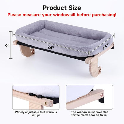 Cat Window Perch Hammock Wall Shelves Beds for Indoor Cats Supplies Design Robust Metal Frame Seat Large Cats and Kittens Pets Natural Wood, 24''L Easy to Adjust Windowsill, Bedside (Grey)
