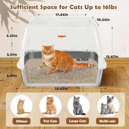Vivifying Stainless Steel Litter Box with Lid, XL Front Entry Enclosed Extra Large Litter Box for Big Cats & Kitty, Top Exit Metal Cat Pan with Scoop, Mat, Footboard, Charcoal Filter (White)