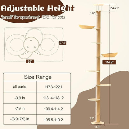 Tinnmao Solid Real Wood Floor to Ceiling Cat Tree, 7 Level Adjustable Height (105"-122"), Modern Climbing Tower with Thickened Wooden Sisal Scratching Posts & Cozy Bed for Indoor Cats Large Adult