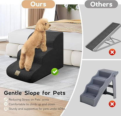 Mestuel Dog Stairs for Couch Bed Sofa, 3-Tiers Dog Stairs Ramp for Small Old Dogs Cats, Pet Stairs Steps with Gentle Slope &Non Slip Bottom/Machine Washable Cover, Black