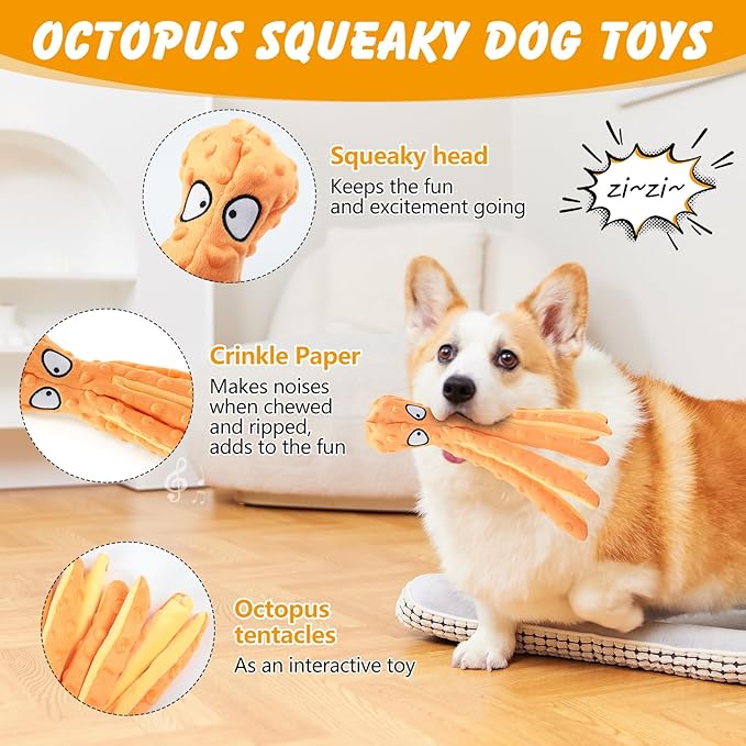 2 Pcs Octopus Dog Toys, No Stuffing Squeaky Dog Toys Chew Toys for Dogs Puppy Toys Indestructible Dog Toy for Small & Medium & Large Dogs (Purple,Orange)