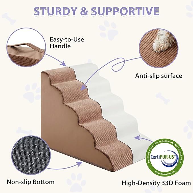 Dog Stairs for High Beds, 5-Steps Pet Steps for Bed, Pet Stairs with Highly Supportive Foam and Non-Slip Bottom, Dog Stairs for Large Dogs and Medium Dogs (High 22.6 Inch)