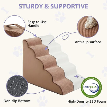 Dog Stairs for High Beds, 5-Steps Pet Steps for Bed, Pet Stairs with Highly Supportive Foam and Non-Slip Bottom, Dog Stairs for Large Dogs and Medium Dogs (High 22.6 Inch)