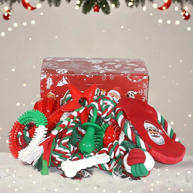 Christmas Dog Toys 15 Pack, Puppy Rubber Chew Toys with Rope Toys Set, Interactive Tough Christmas Gifts Box for Dogs, Training Playing Teething Busy Toys Bulk for Holiday Puppies Presents