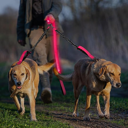 LED Double Dog Leash, 360° Swivel Dual Dog Walking Leash, Comfortable Shock Absorbing Lead for Dog, Reflective Removable Bungee for Two Dogs