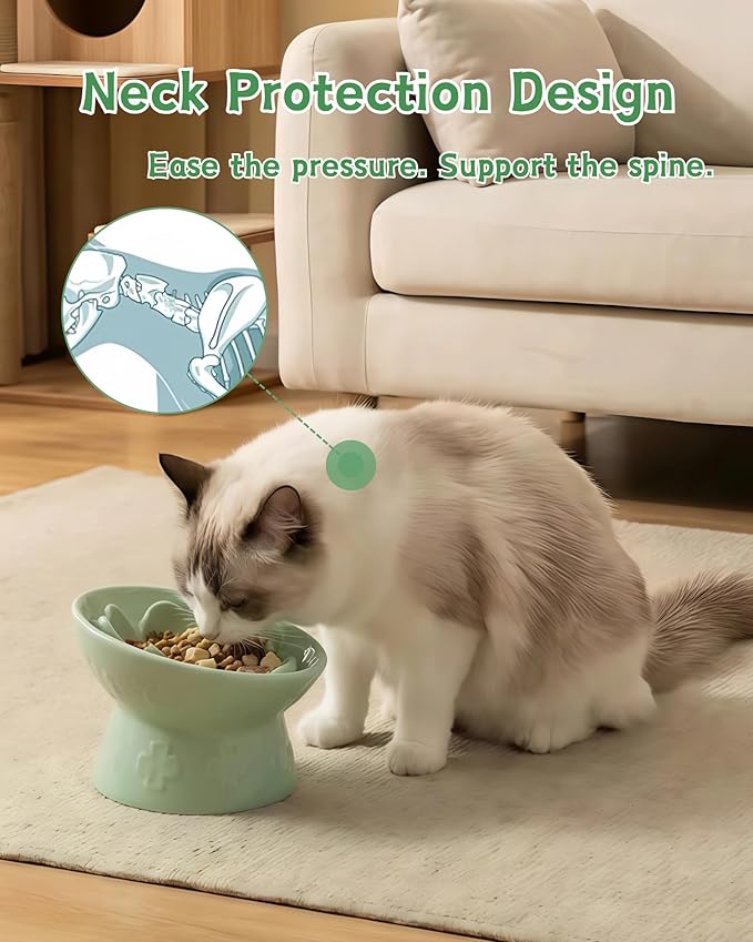 TRUVIC Ceramic Slow Feeder Cat Bowl, 15° Tilted Elevated Cat Slow Eating Bowl for Neck Protection, Anti Vomiting Dog Slow Feeder, Whisker Friendly & No Black Chin for Cats and Small Dogs, Green