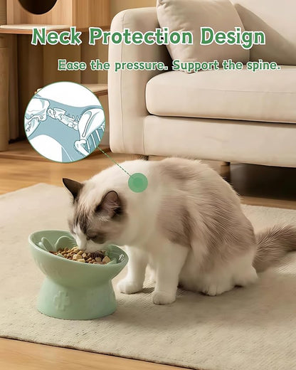 TRUVIC Ceramic Slow Feeder Cat Bowl, 15° Tilted Elevated Cat Slow Eating Bowl for Neck Protection, Anti Vomiting Dog Slow Feeder, Whisker Friendly & No Black Chin for Cats and Small Dogs, Green