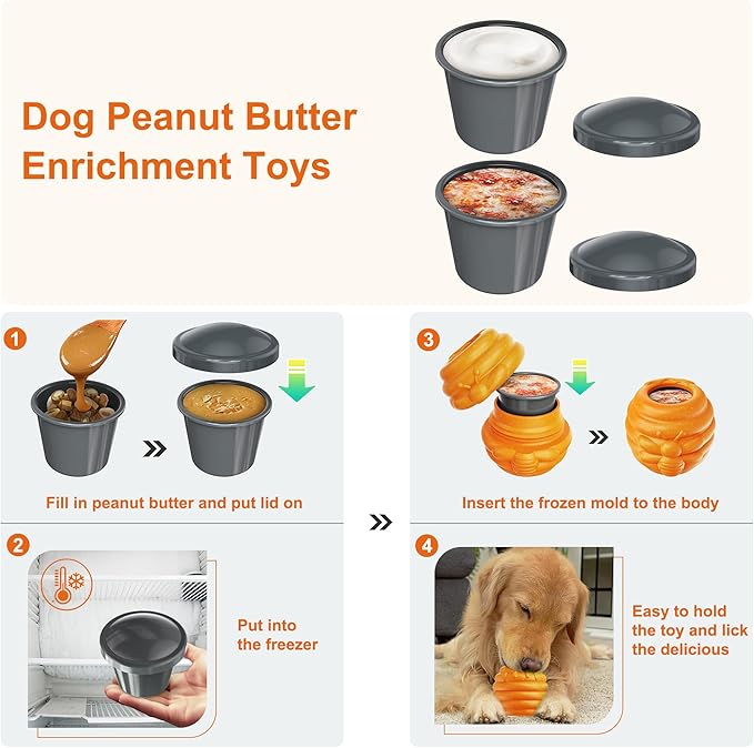 3 in 1 Durable Dog Toys for Aggressive Chewers 2 Pack, Dog Treat Dispenser and Enrichment Licking Toys in Honey Pot Shape, Boredom Killing and Mental Stimulation Toys for Large Dogs to Keep Them Busy