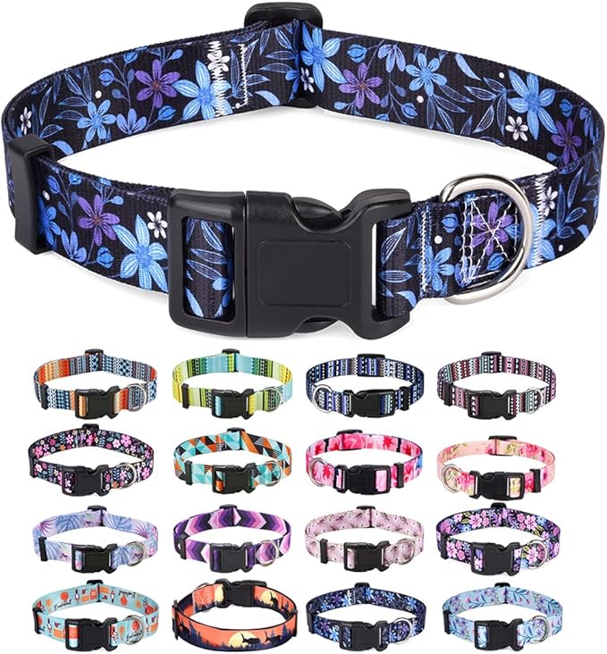 Dog Collar with Bohemia Floral Tribal Geometric Patterns - Soft Ethnic Style Collar Adjustable for Small Medium Large Dogs(Floral Blue,L)