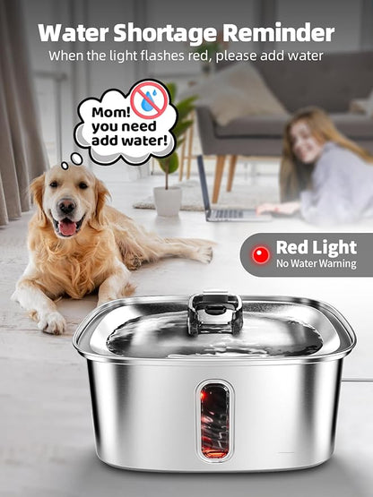 Dog Water Fountain for Large Dogs, 9L/2.4Gal Stainless Steel Dog Fountain with Water Level Window & Filtration, Automatic Pet Water Bowl Dispenser Indoor, Super Quiet (with 6 Filters)