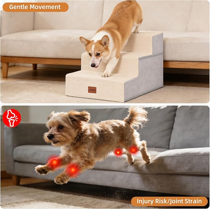 Dog Stairs for Small Dogs, 13.5" H, 3-Step Pet Steps for Couch Sofa and Chair, Non-Slip Balanced Pet Ramp for Medium Cats,Indoor Dog Ladder, Beige