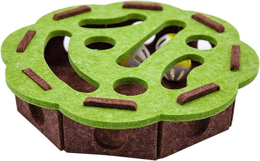 Cat Puzzle Toy with 3 Track Balls, Flower-Shaped Play Box for Indoor Kittens Interactive Treat Feeding, Fun Maze Game for Indoor Cats Boredom Relief & Exercise (Green/Brown)