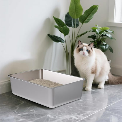 Stainless Steel Litter Box, 20"x14"x6" Large Metal Cat Litter Box, Easy to Clean, Non Stick No Smell,Steel Litterbox for Adult Cats/Kitty