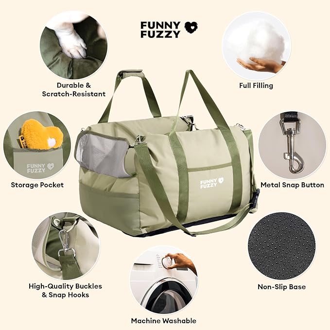 FUNNY FUZZY Waterproof Dog Car Seat for Small & Medium Dogs Up to 35lbs, Detachable & Washable Pet Booster Seat with Leash, Thick Cushion, Storage Pockets & Adjustable Straps (Green)