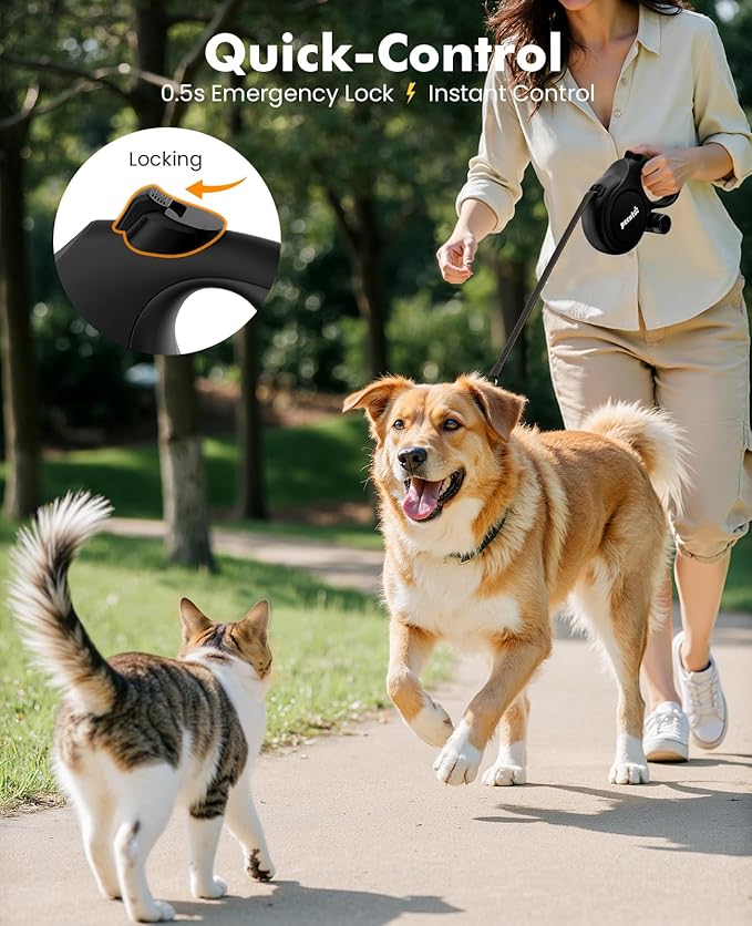 26ft Dog Leash Retractable with Chew Proof Extender, Upgraded Heavy Duty Retractable Dog Leash with Poop Bag Holder,Anti-Slip Grip, Reflective Leashes for Medium Large Pets 33lbs-110lbs (Black)