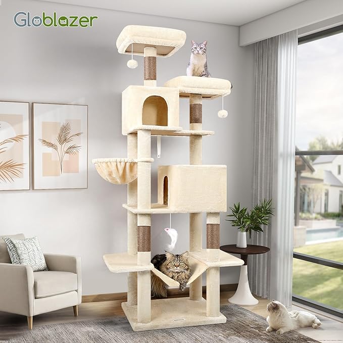 Globlazer Cat Tree Tower, 76-Inch Extra Tall Multi-Level Cat Furniture with Cozy Condos, Hammock and Perches for Adult Cats, Perfect for Climbing, Scratching, and Play, F76, Beige