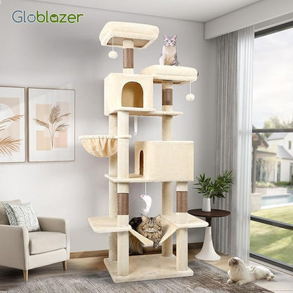 Globlazer Cat Tree Tower, 76-Inch Extra Tall Multi-Level Cat Furniture with Cozy Condos, Hammock and Perches for Adult Cats, Perfect for Climbing, Scratching, and Play, F76, Beige