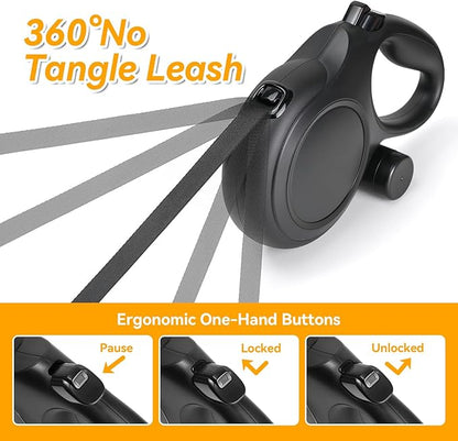 Upgraded Retractable Dog Leash with Chew Proof Cable, 26ft Heavy Duty Dog Leash for Large Dogs up to 110lbs, No-Tangle, Non-Slip Handle, One-Handed Brake, with Poop Bag Holder (Black, L 26ft)