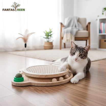 Wooden Cat Toy with Sisal Scratching Pad, Bell Wood Ball, Large Catnip Ball, Spring Feather Toy, Interactive Scratch Puzzle for Indoor Cats