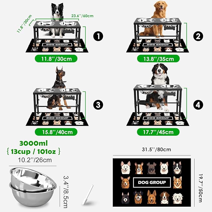 SHAINFUN Elevated Dog Bowls with Mat for Large & Extra Large Dogs, Raised Dog Bowl Stand with Two 101oz Stainless Steel Bowls, Tall Dogs Food Water Bowl Holder
