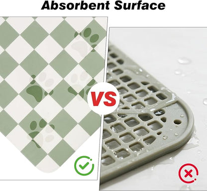 Checkered Dog Food Mat, Absorbent Leak-Proof Pet Feeding Mat, Quick Dry Cat Food Mat for Messy Drinkers 12" x 20" Green